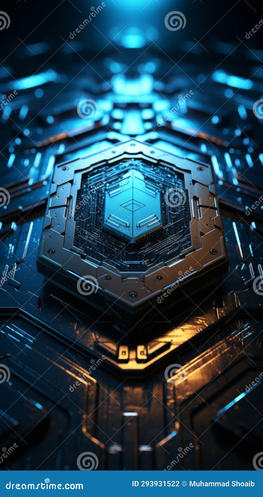 a blue background sets the stage for a shield, lock icon, and binary code