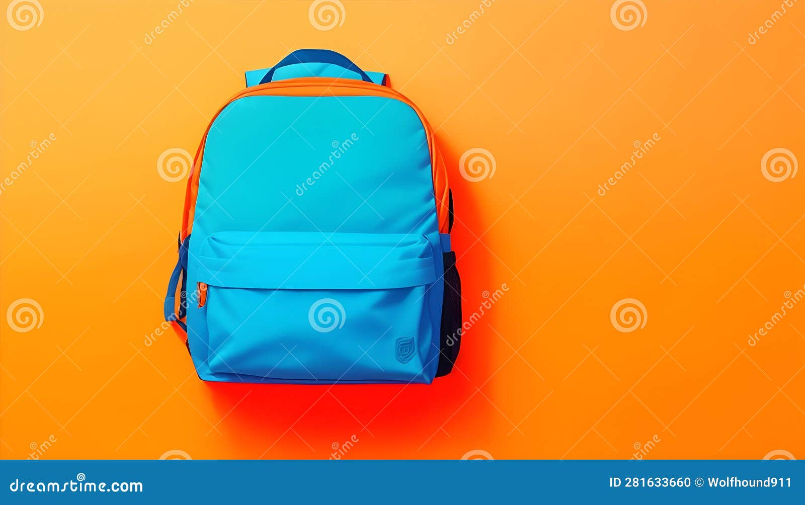 Blue Backpack on Orange Background. Back To School. Generative AI Stock