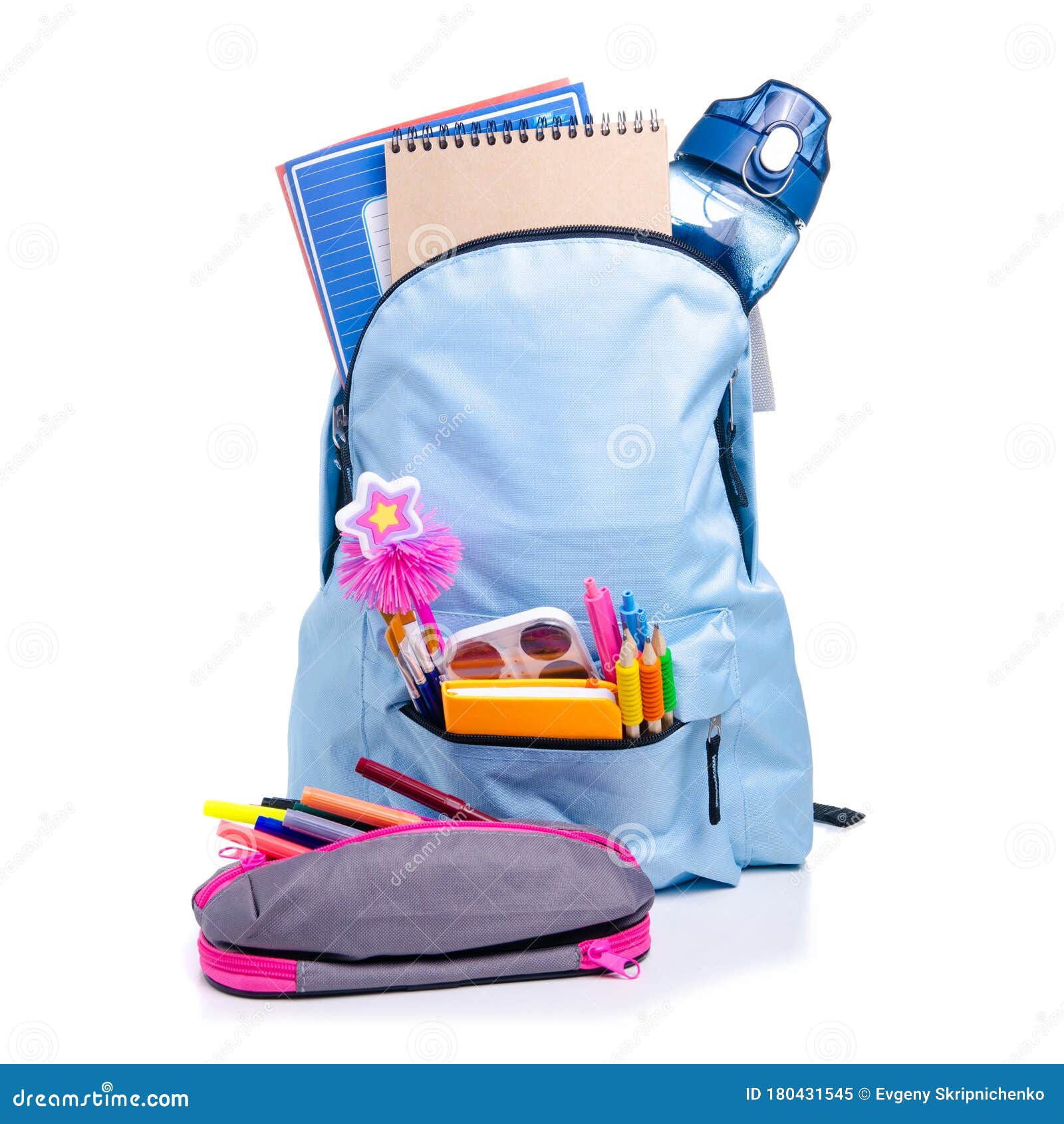 Blue Backpack with School Supplies Stock Image Image of open
