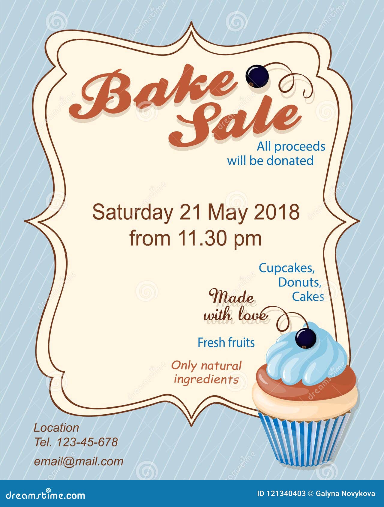 Blue Bake Sale Promotion Flyer with Blueberry Cupcake Stock Vector Intended For Bake Sale Flyer Template Free
