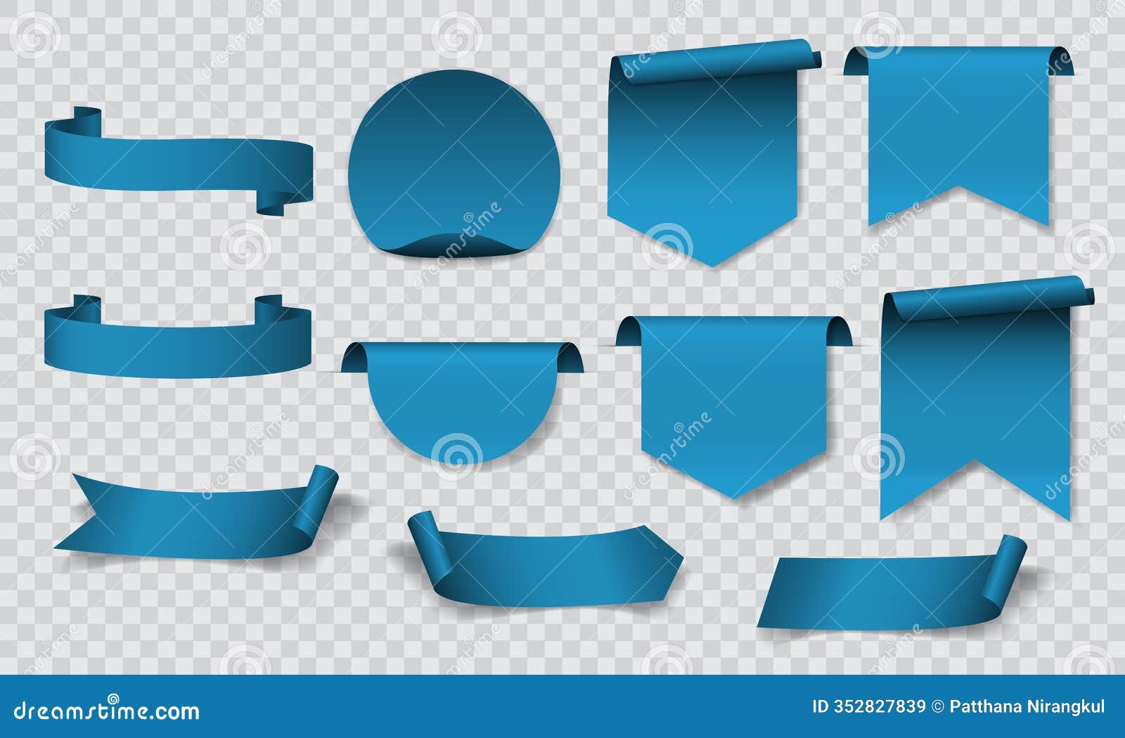 blue banner sticker label blank set collection on grey checkered background 