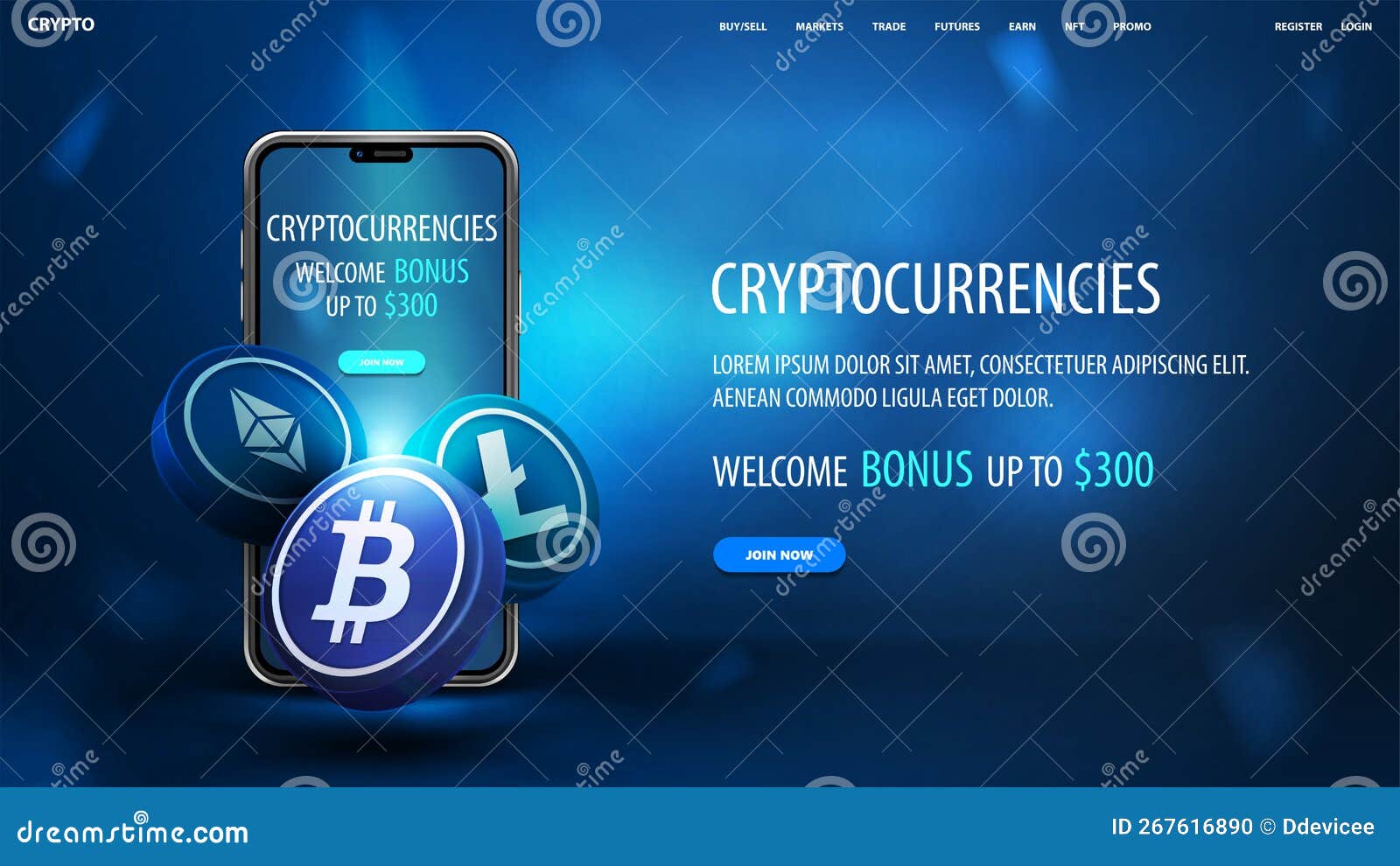 Blue Banner for Website with Offer, Smartphone and 3D Cryptocurrency Coins  Editorial Image - Illustration of invitation, horizontal: 267616890
