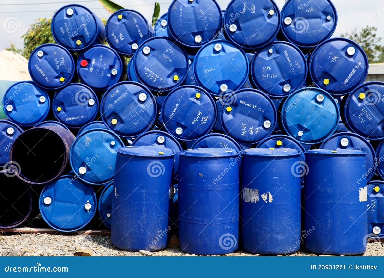 Blue barrels for gasoline stock image. Image of factory 23931261