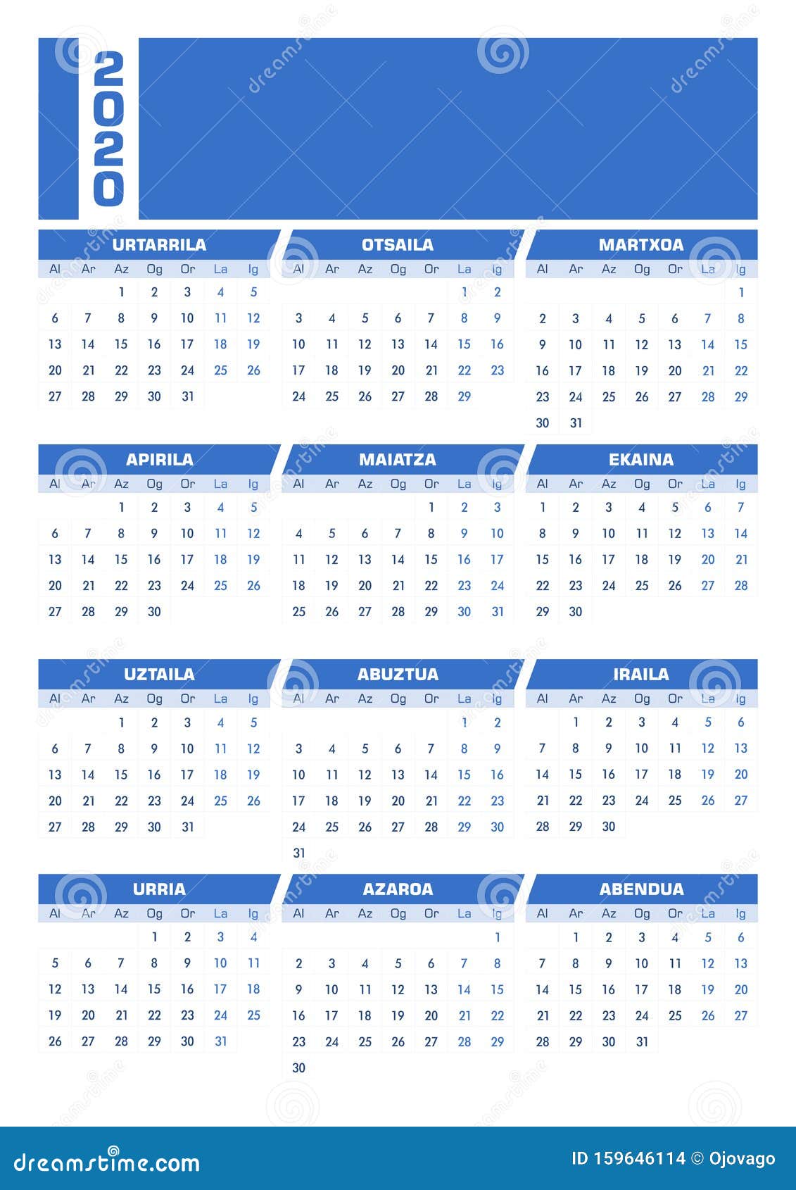 Blue 2020 Basque Calendar. Printable Portrait Version Stock Vector
