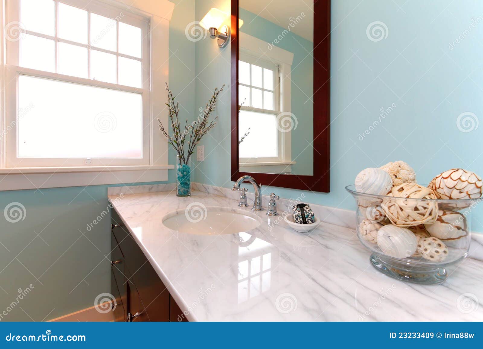 Blue Bathroom with White Marble Sink. Stock Image Image of closet