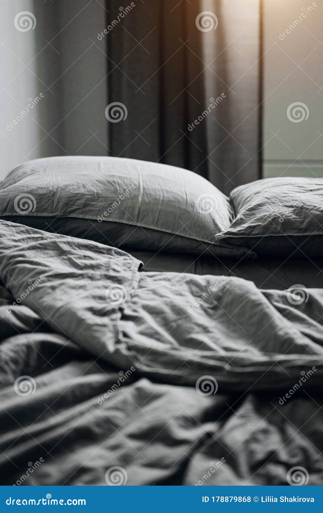 Blue Bed Sheets And Pillows After Night`s Sleep. Stock Photo - Image of Blue Stains On Pillow After Sleeping