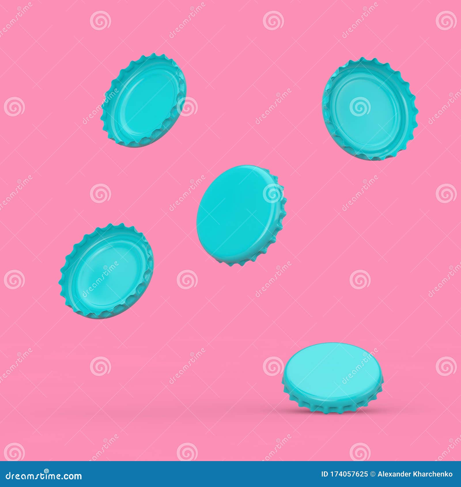 Blue Beer Bottle Caps in Duotone Style Fall Down. 3d Rendering Stock