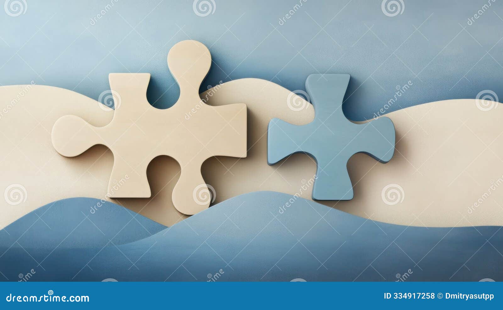 blue and beige puzzle pieces on abstract wavy background, izing connection and unity