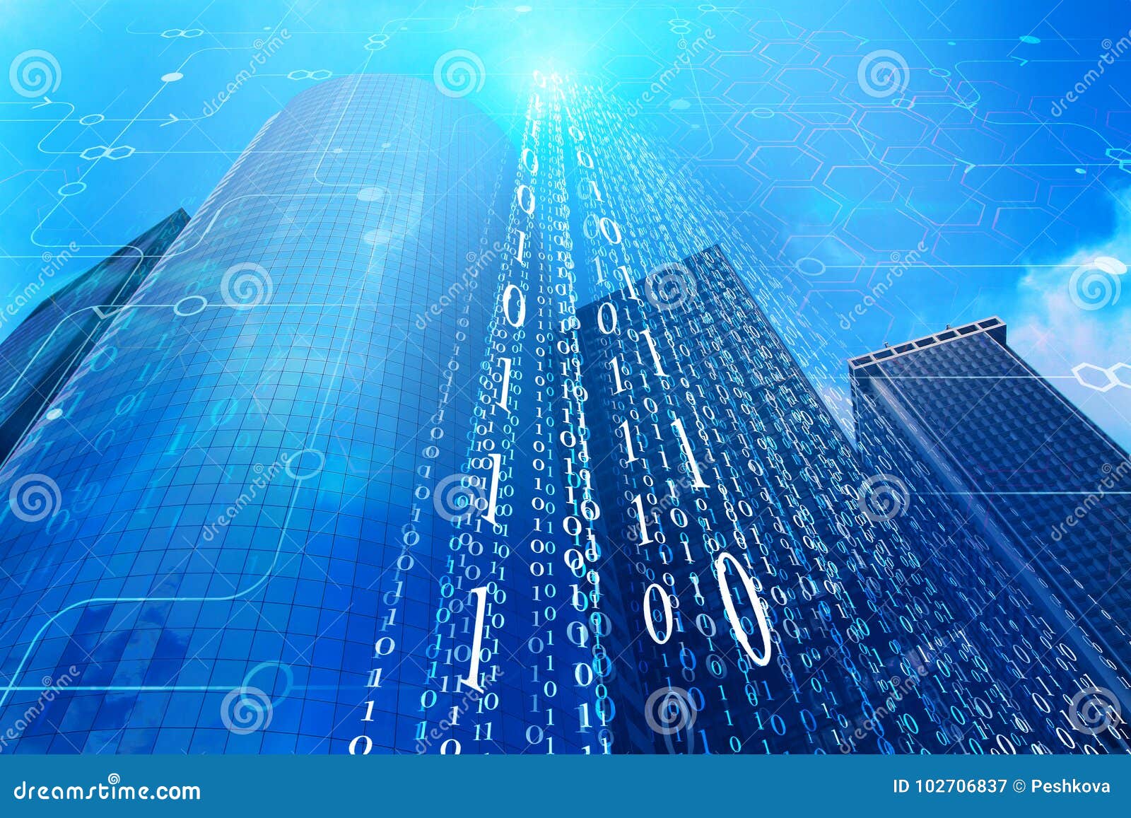 Blue binary code city stock illustration. Illustration of information ...
