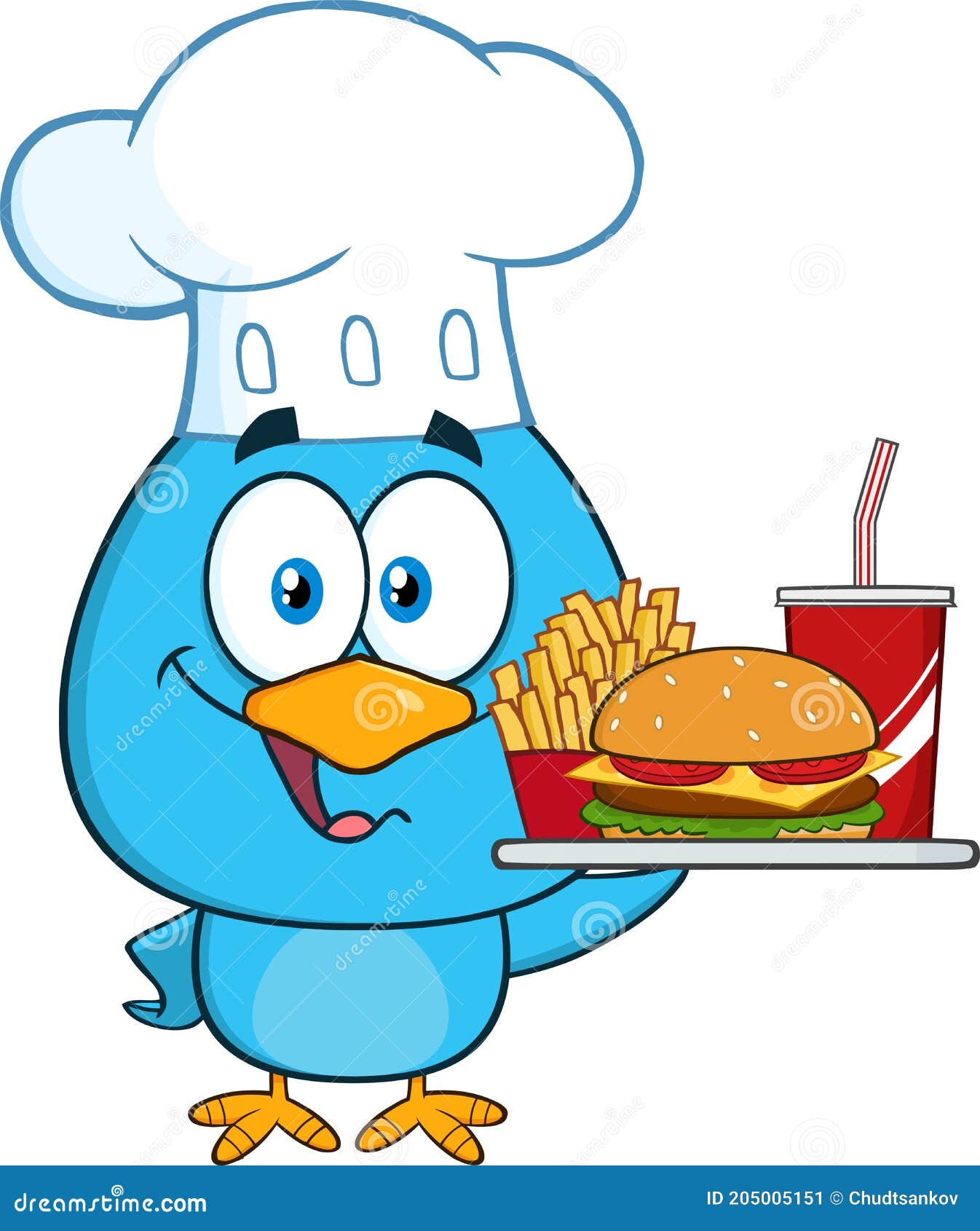 Blue Bird Chef Cartoon Character Holding a Platter with Burger, French Fries and a Soda Stock Illustration - Illustration of beak, food: 205005151 Blue Bird Chef Cartoon Character Holding a Platter with Burger, French Fries and a Soda Stock Illustration - Illustration of beak, food: 205005151