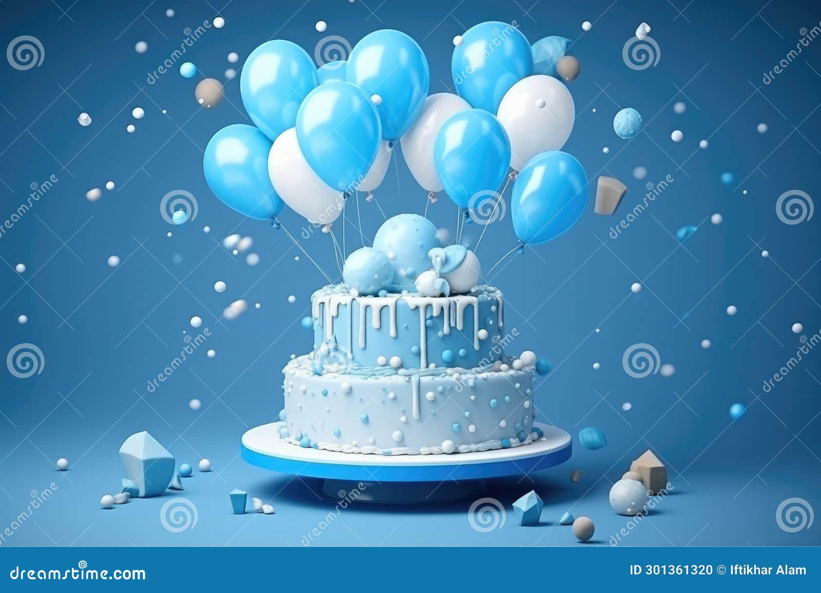 Blue Birthday Cake with Balloons and Confetti on Blue Background 3D
