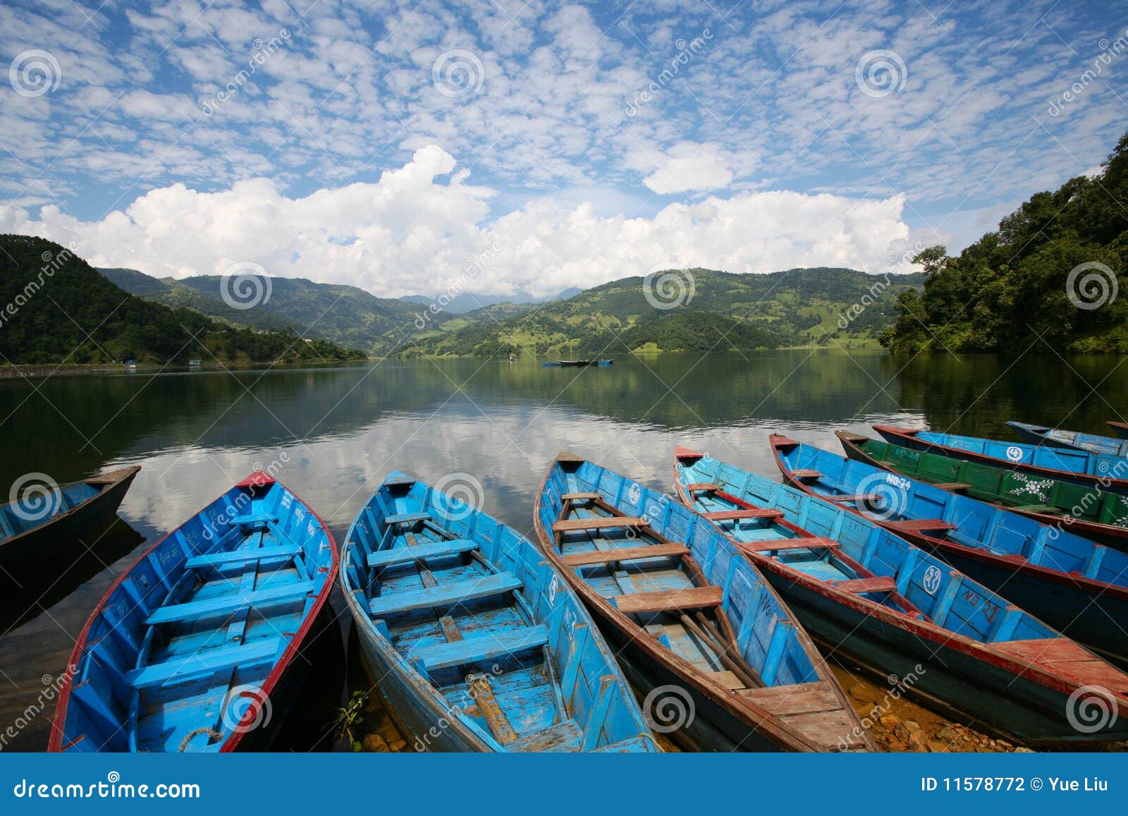 blue boats in lake pokhara nepal