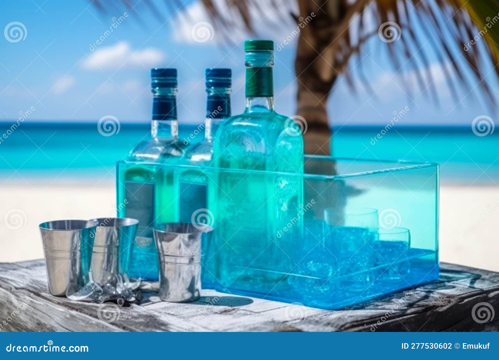 Blue Bottle with Alcoholic Drinks with Ice Cube Vacation by the Sea