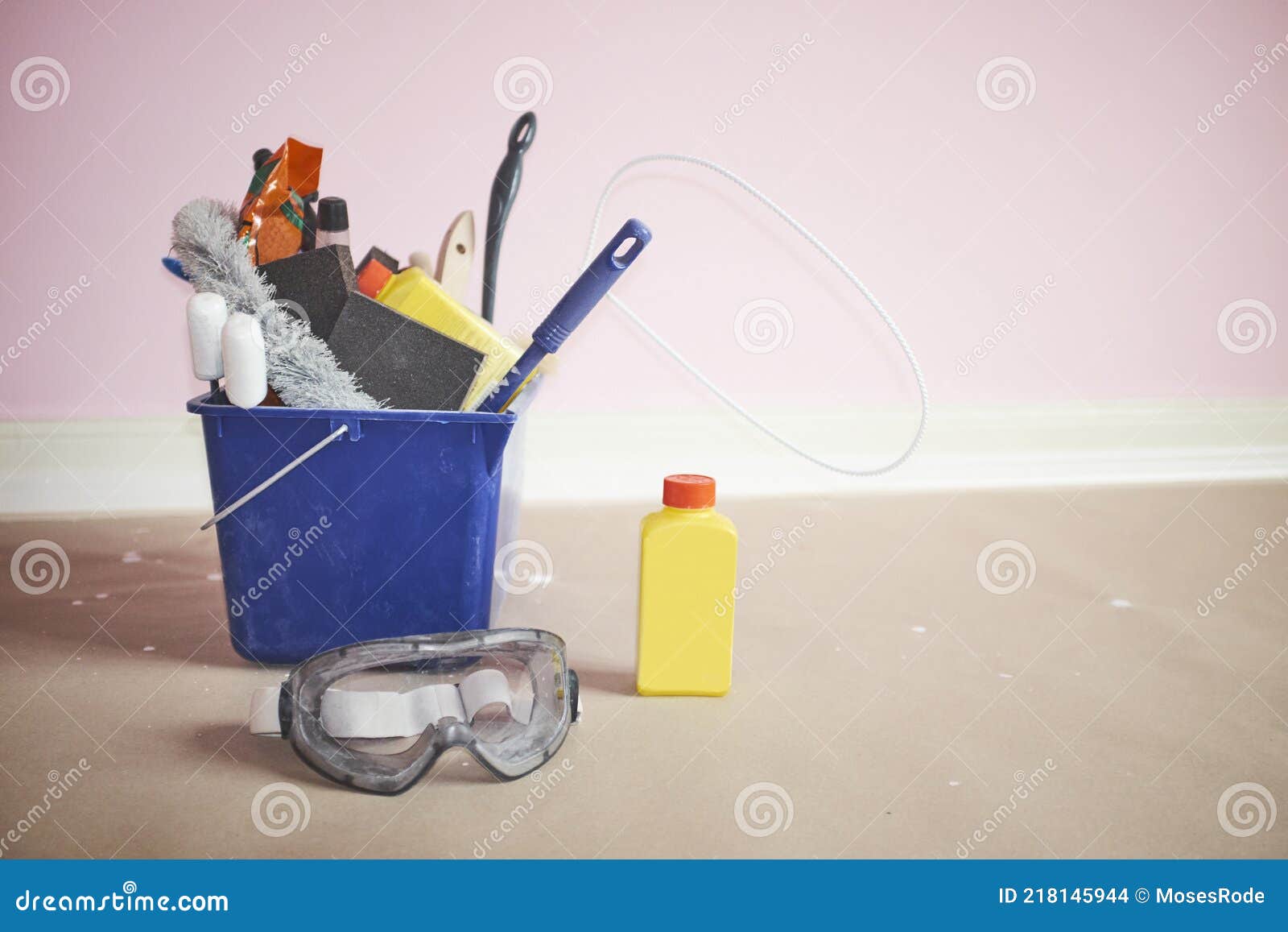 Blue Bucket Full of Cleaning Tools and Substances Stock Photo Image