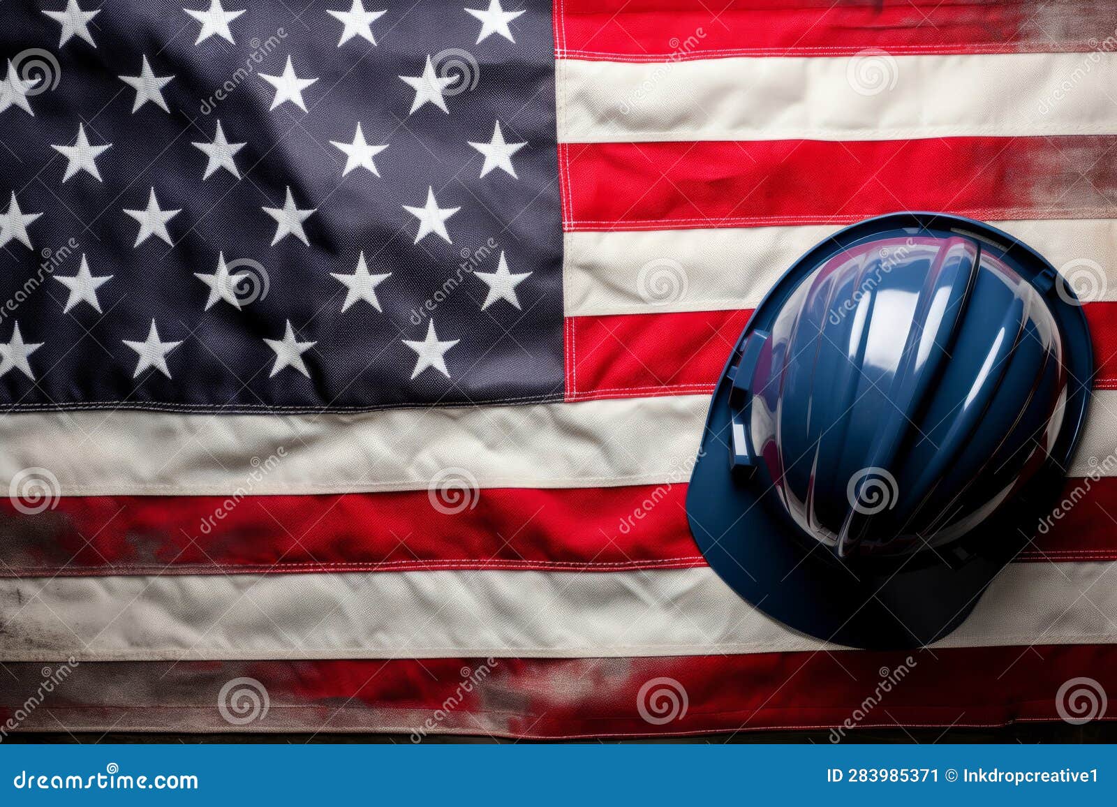 A Blue Builders Hard Hat on an American Flag. Flat Lay Composition ...