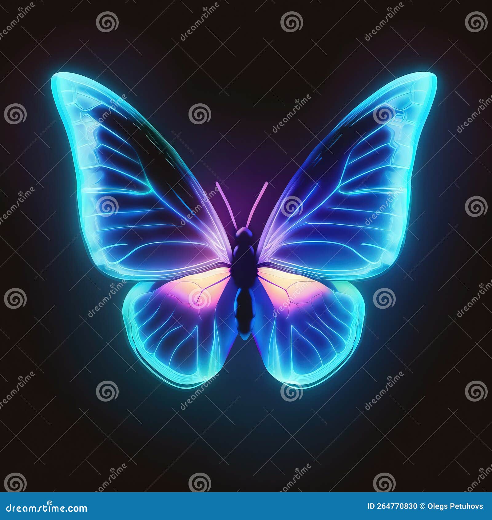 A Blue Butterfly with Glowing Wings on a Black Background with a Black