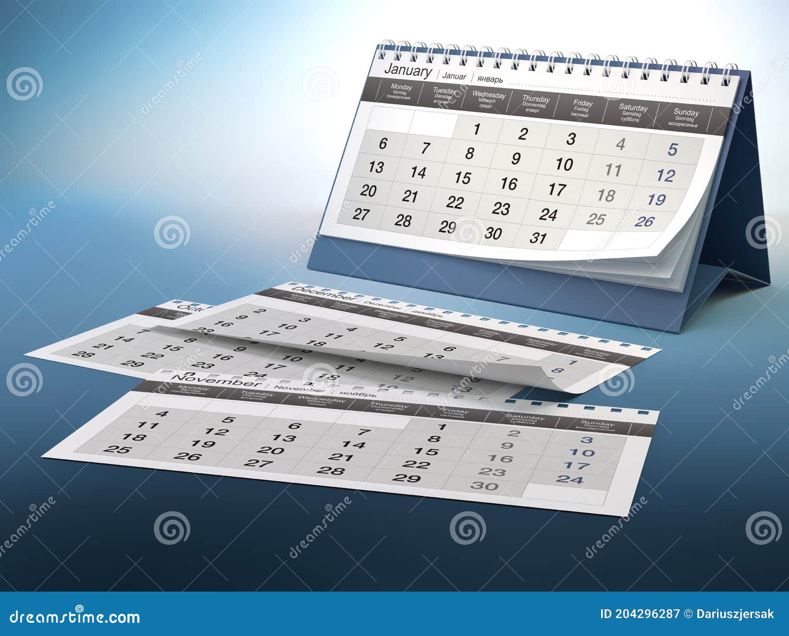 Blue Calendar and Falling Pages, 3d Illustration Stock Illustration