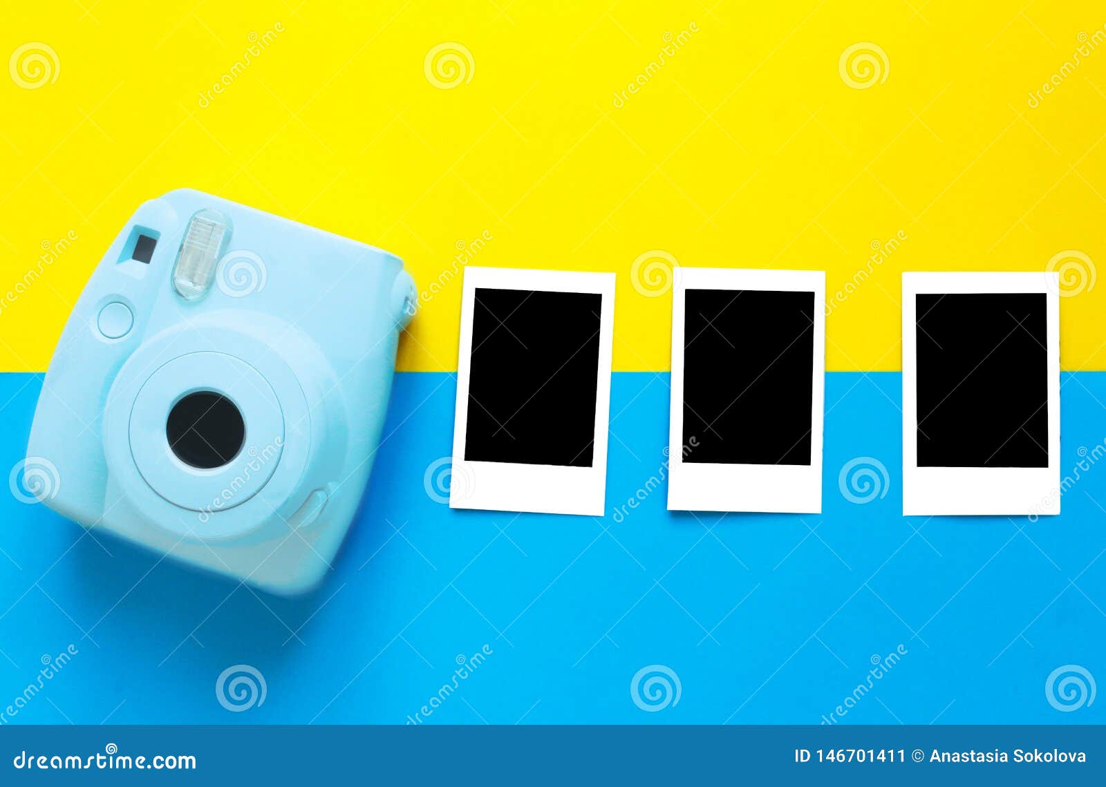 Blue Camera with Blank Picture Frames on Colourful Background ...