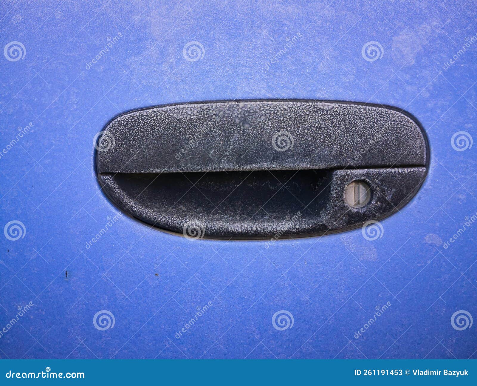 Door Handle of the Car is Covered with Frost,blue Car in the Frost, Old Car Handle Stock Image