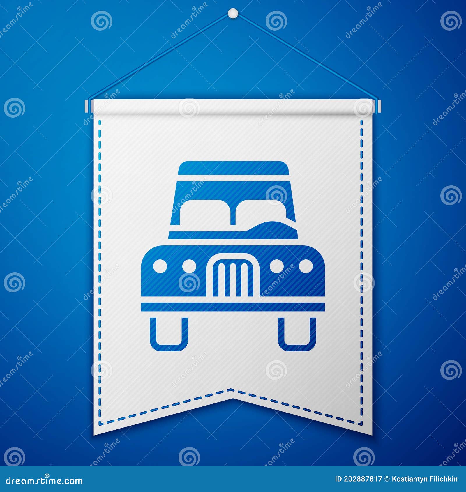Blue Car Icon Isolated on Blue Background. Front View. White Pennant