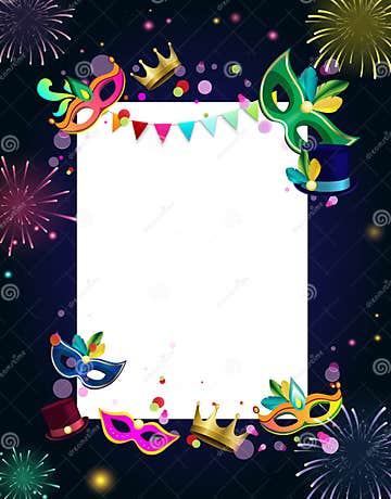 Blue Carnival Background with Colour Masks and Fireworks. Stock Vector