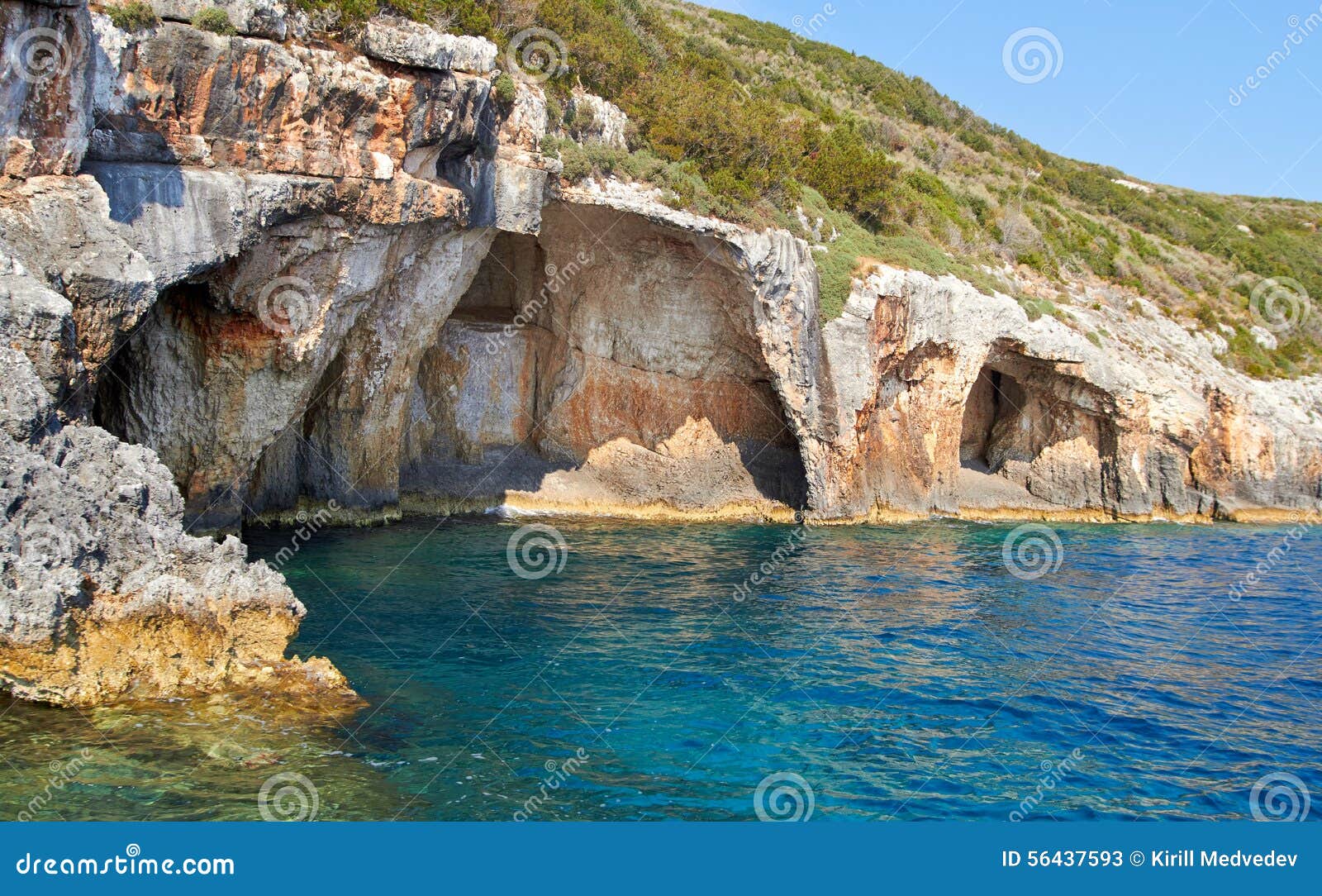 blue caves at bright sunny day zakinthos greece