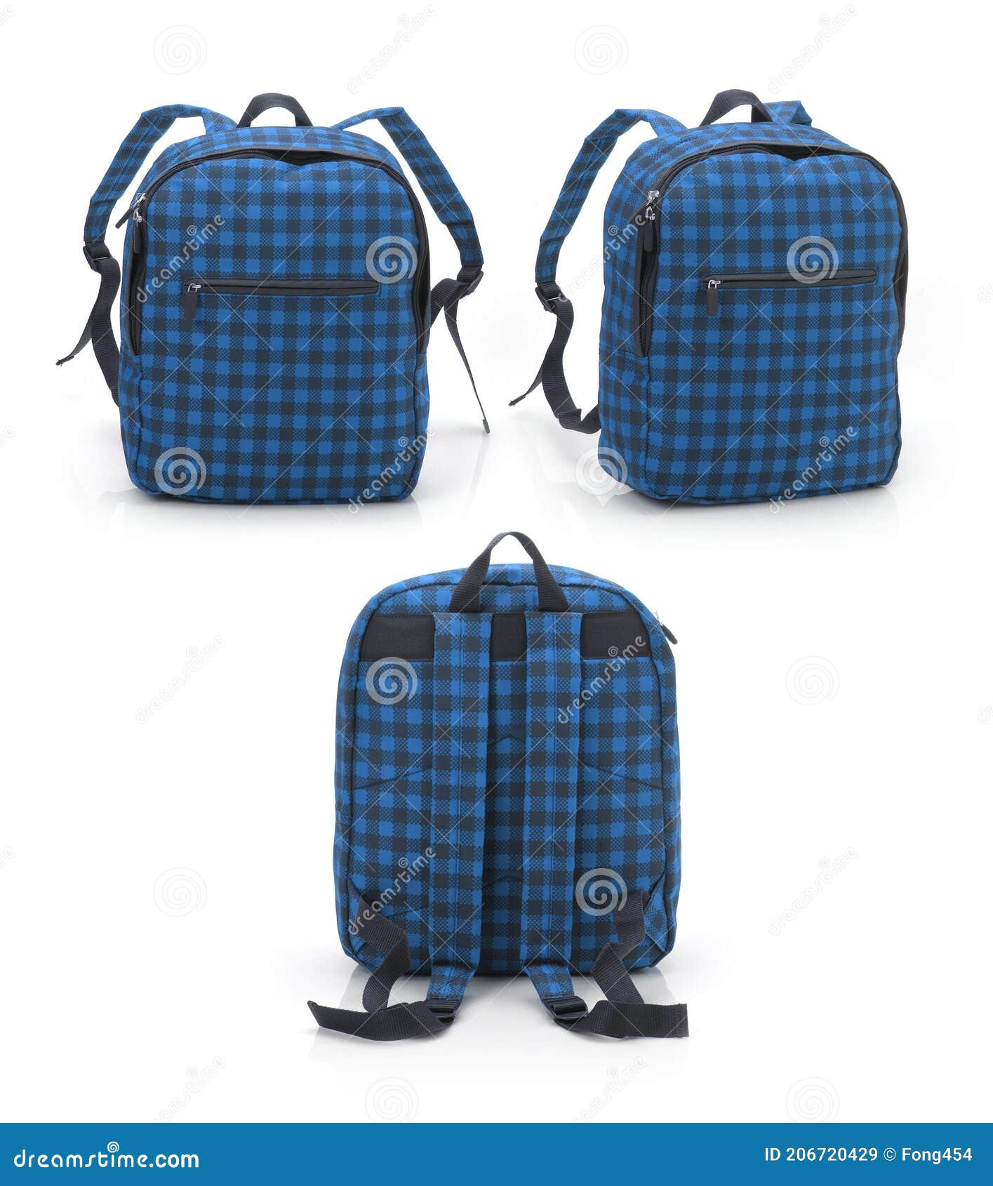 Blue Checkered Backpack Isolated on White with Different Angle Stock