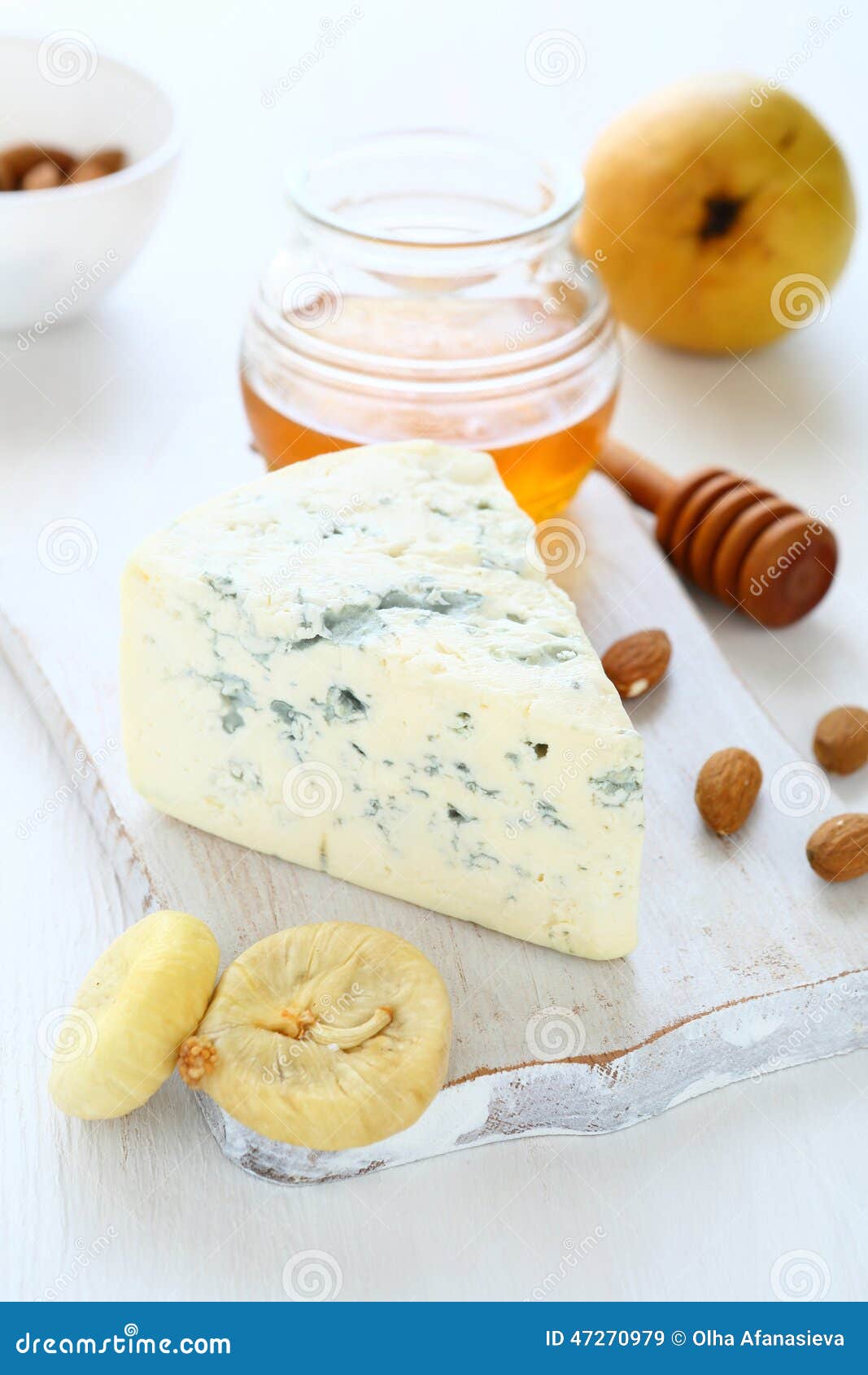 Blue Cheese with Almonds, Figs and Honey on a Cutting Board Stock Image Image of delicious