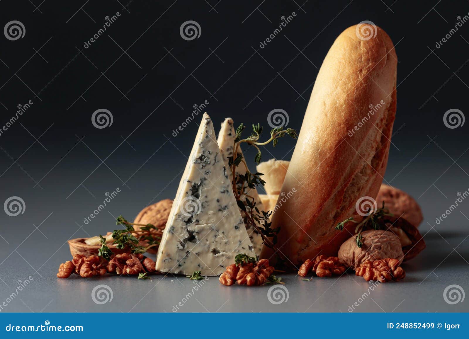 Blue Cheese with Baguette, Walnuts, and Thyme Stock Image Image of