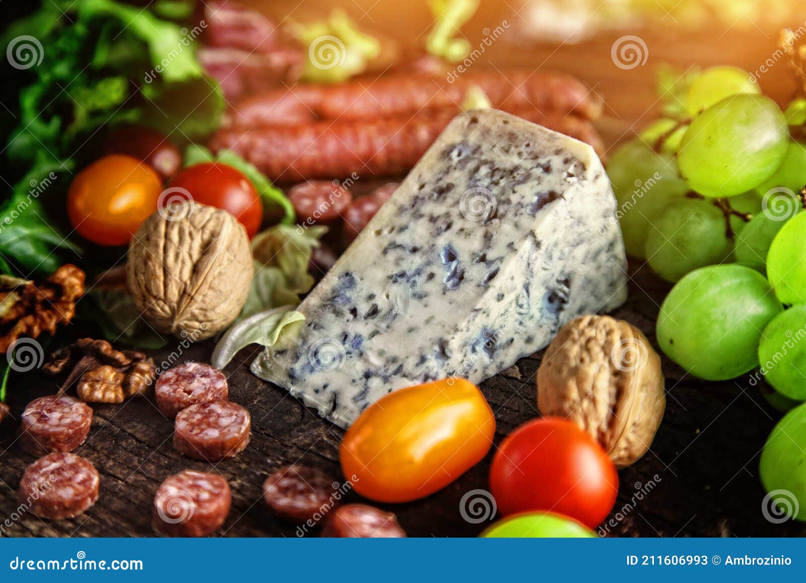 Blue Cheese with Fruit and Pepperoni Stock Image Image of rustic