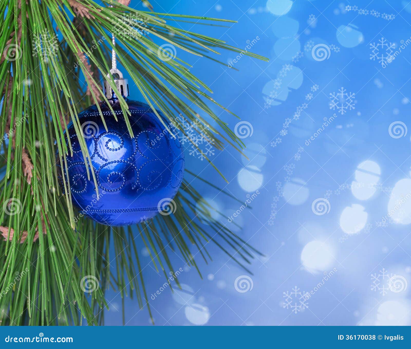 Blue Christmas Ball on Green Branch Stock Photo - Image of blurred ...