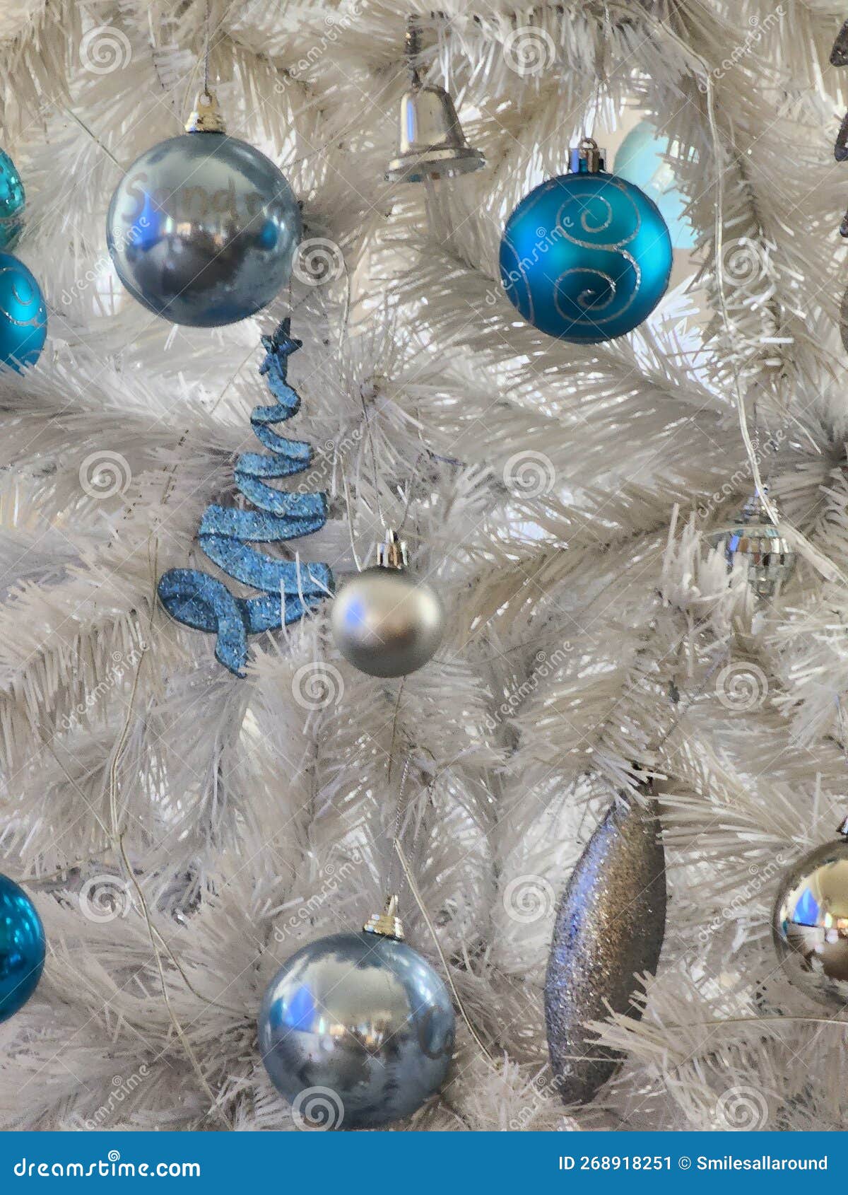 Blue Christmas Baubles on White Christmas Tree Stock Image Image of tree, baubles 268918251