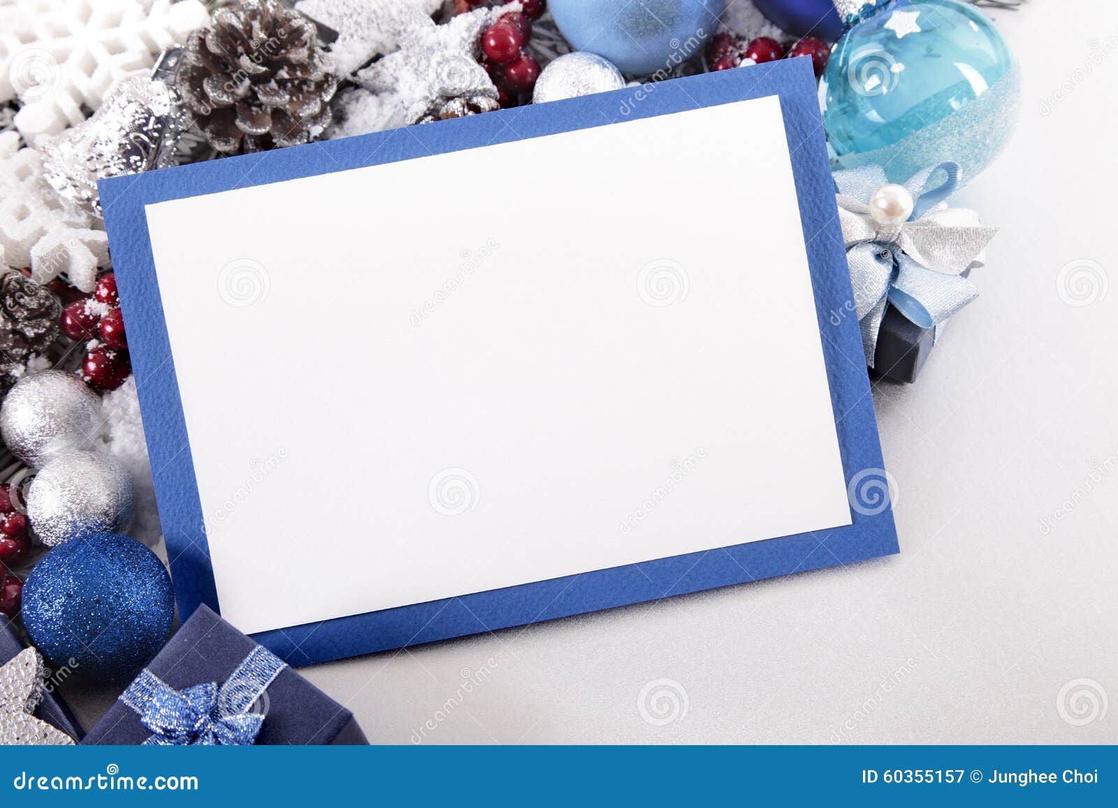Blue Christmas Card Background with Decorations and Copy Space Stock Image  - Image of envelope, pine: 60355157