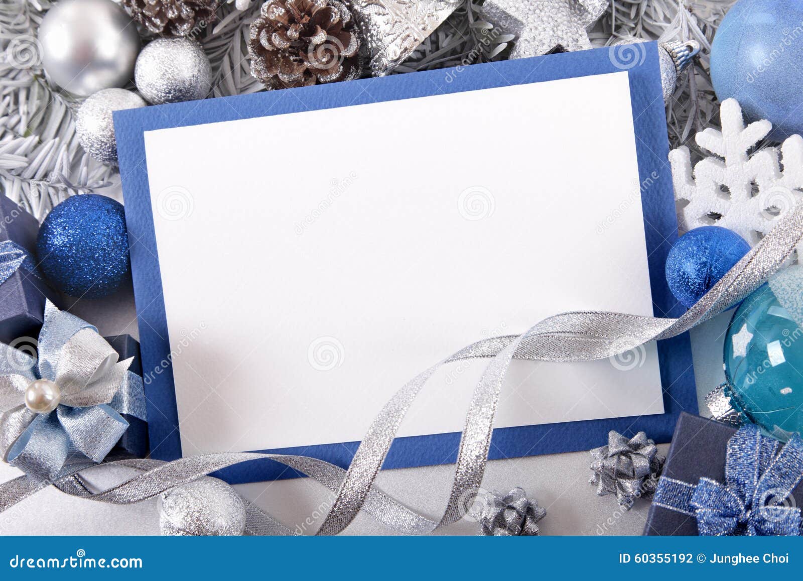 Blue Christmas Card Background with Decorations and Copy Space Stock Photo  - Image of message, paper: 60355192