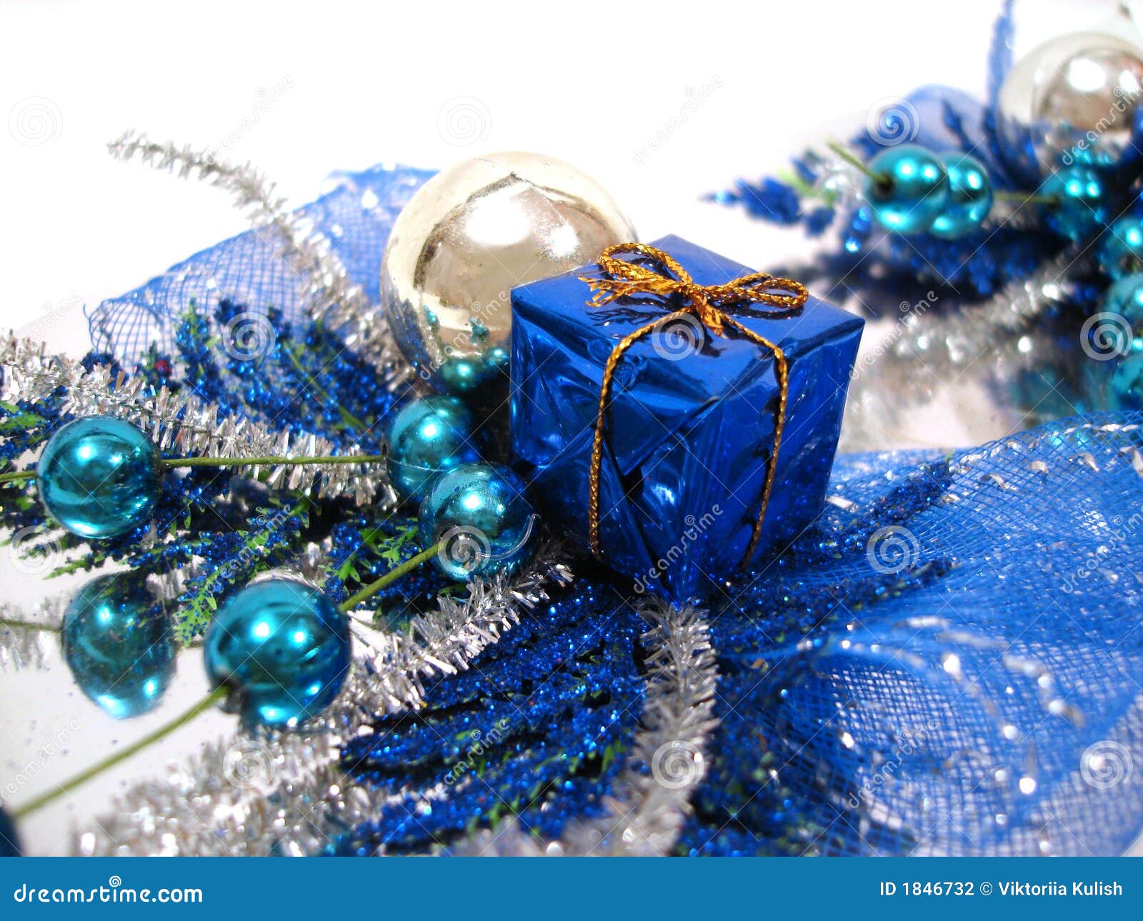 Blue Christmas Decoration, Box with Handbell and Balls Stock Photo