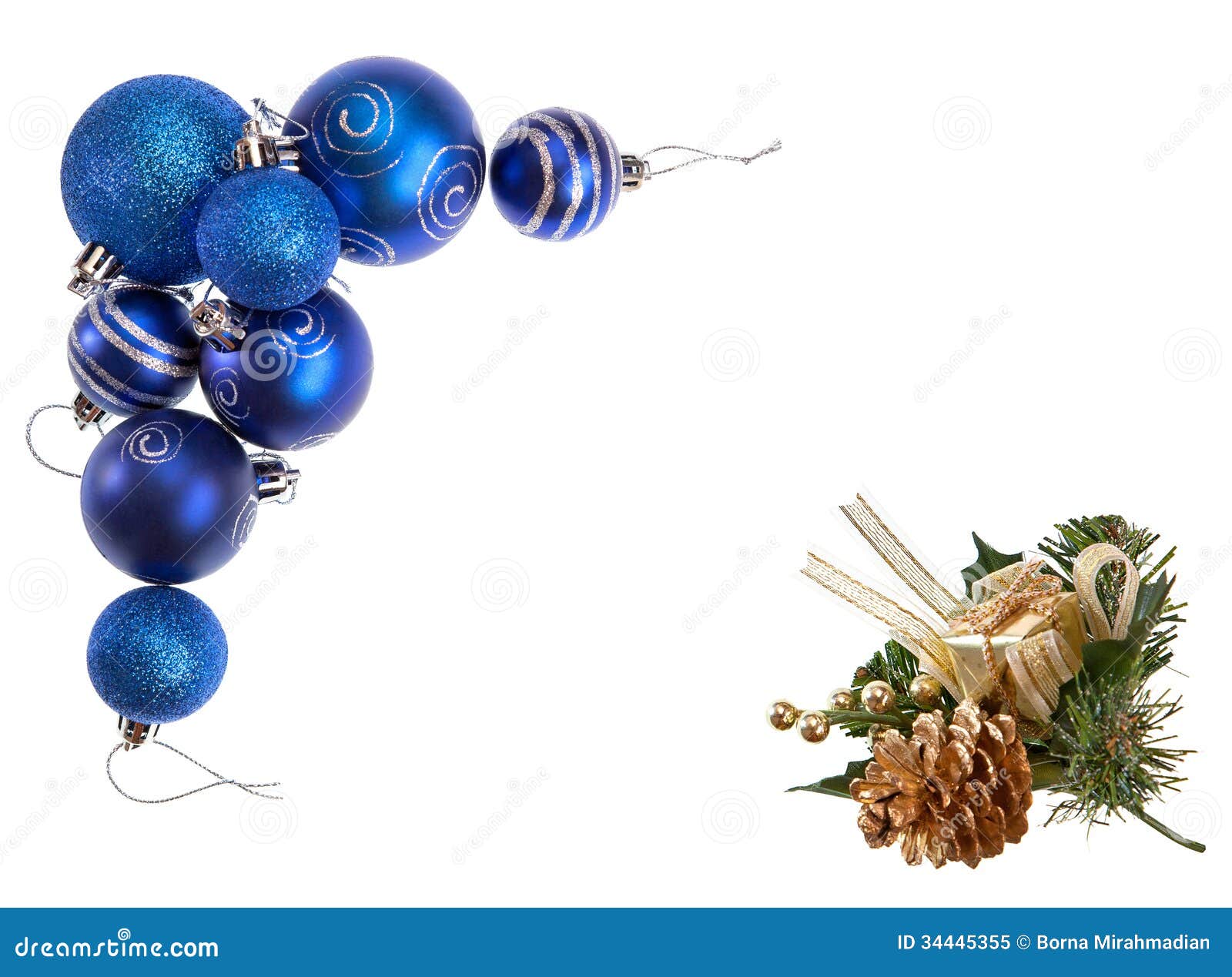 Blue Christmas Decorative Baubles And Golden Pine Cone 