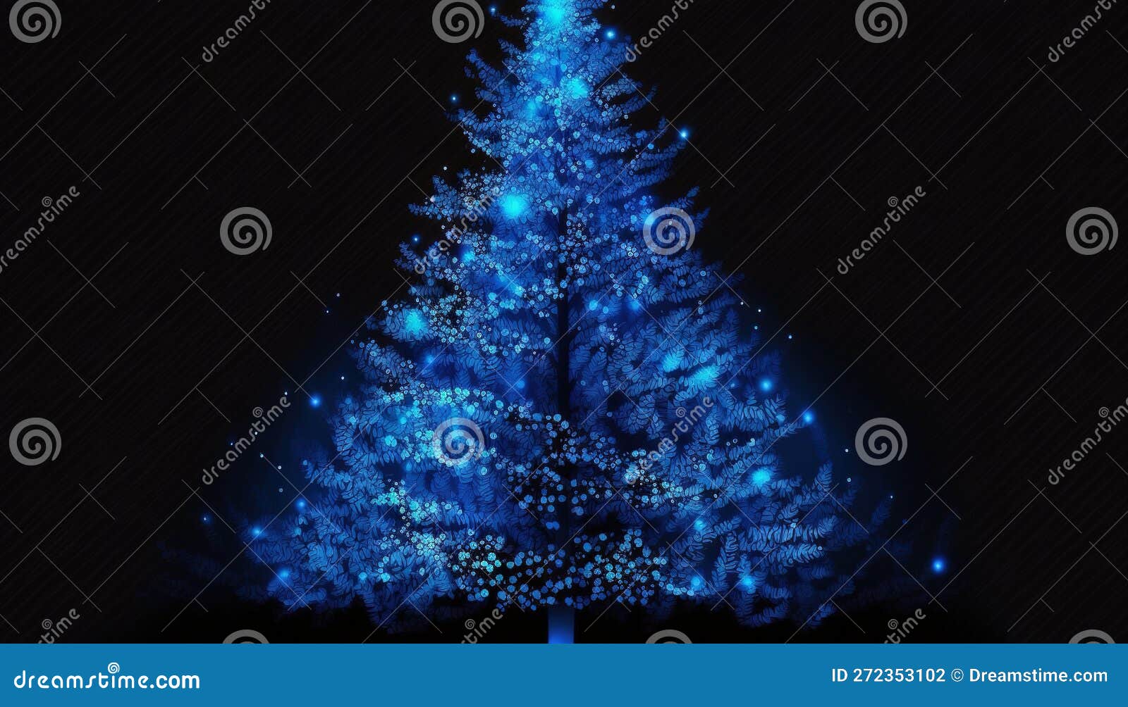 A Blue Christmas Tree with Lights in the Dark Night Sky Stock