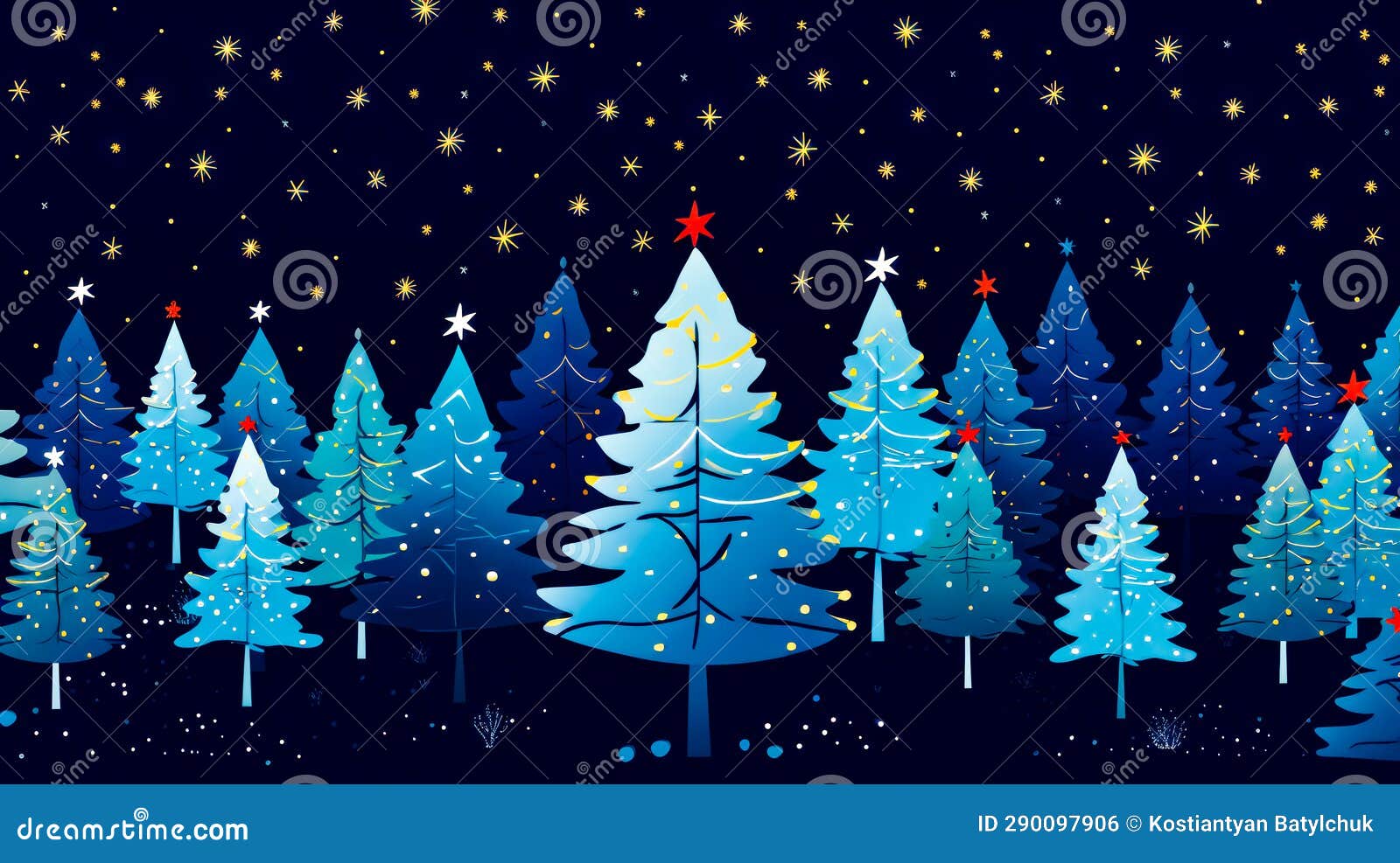 Blue Christmas Tree with Stars and Snowflakes on Dark Blue Background. Generative AI Stock Photo