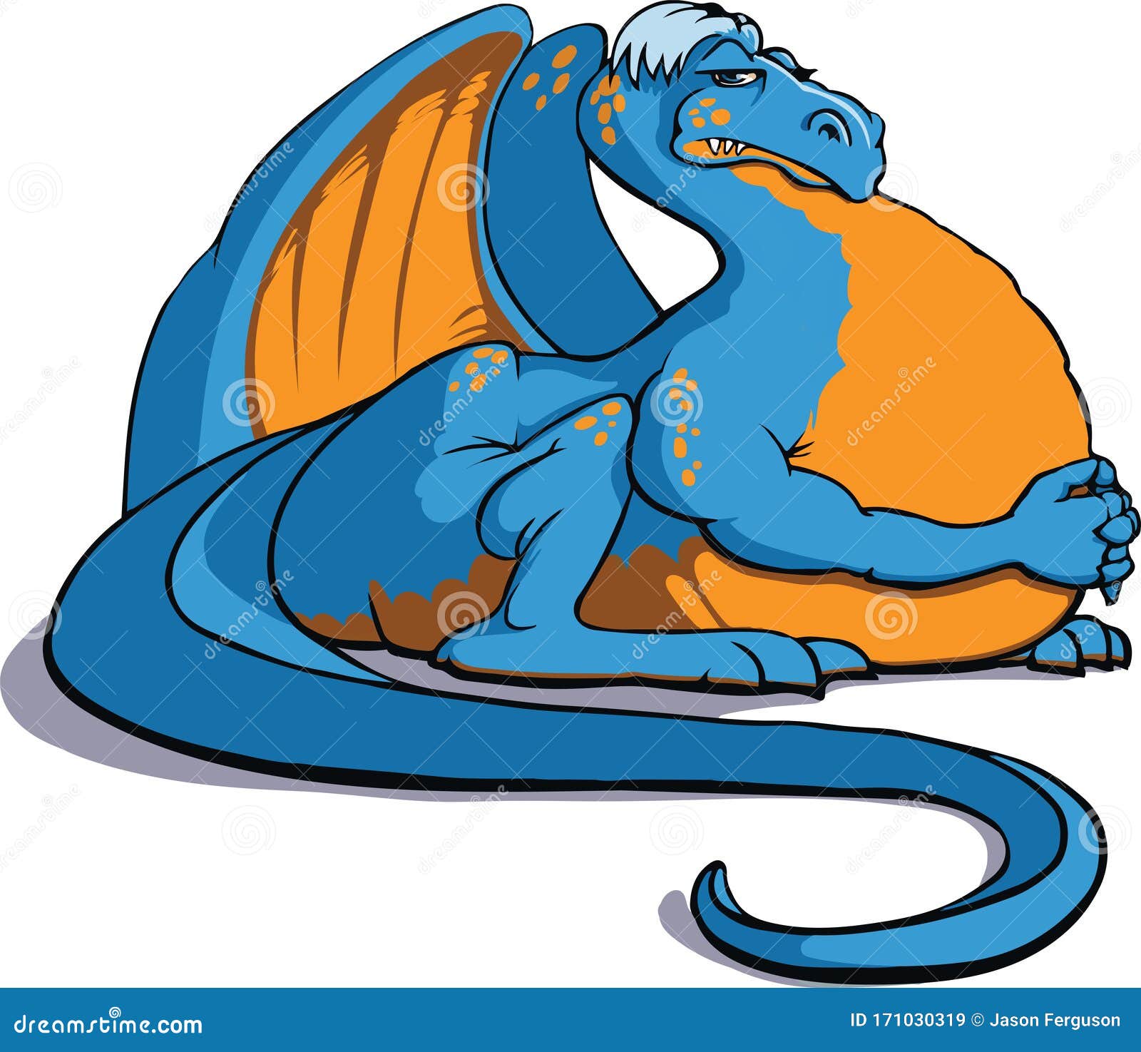 blue chubby dragon sitting feeling bloated.