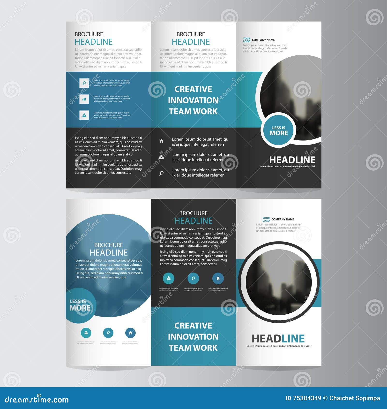 blue circle business trifold leaflet brochure flyer report template  minimal flat  set, abstract three fold