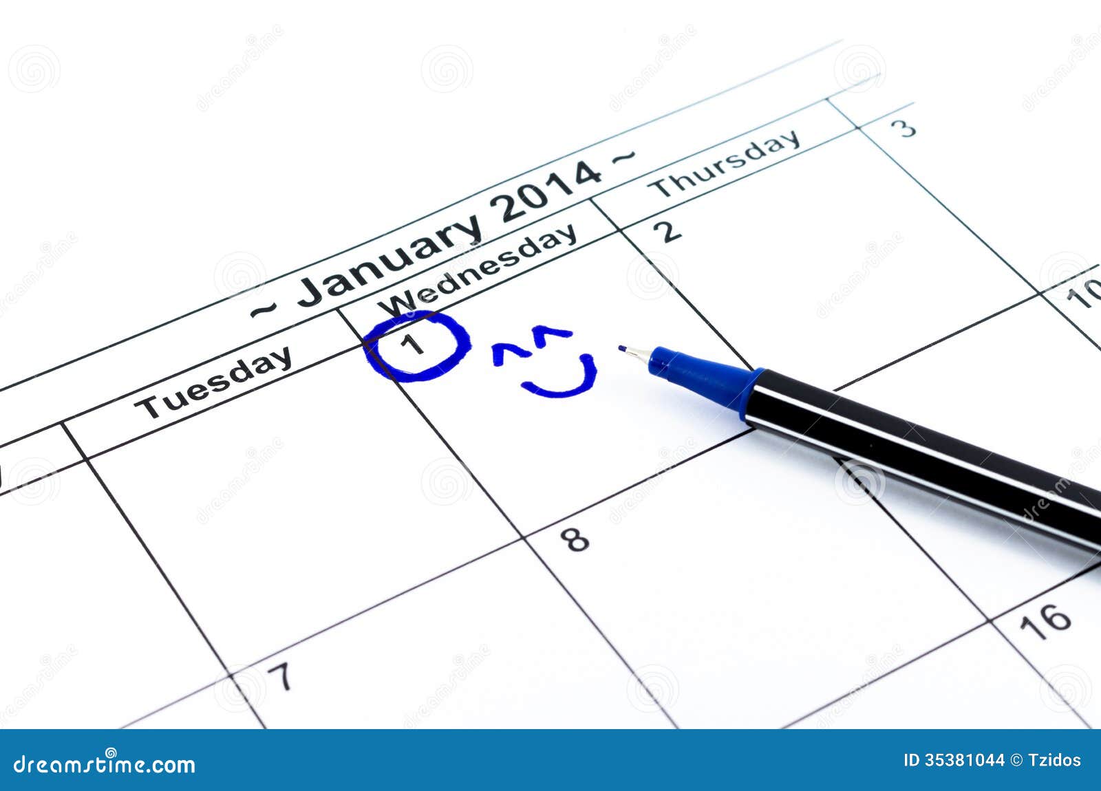 Blue circle with smile. Mark on the calendar at 1St January 2014. isolate