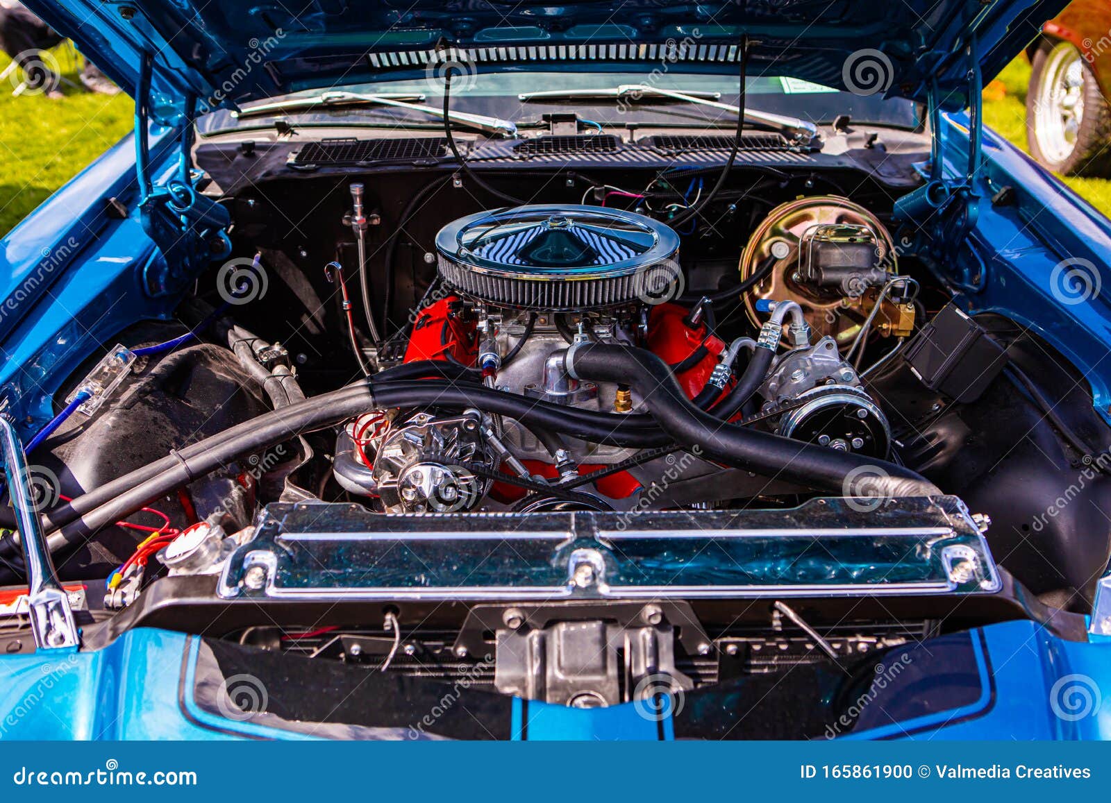 Classic American Muscle Car Under Hood Stock Photo - Image of round