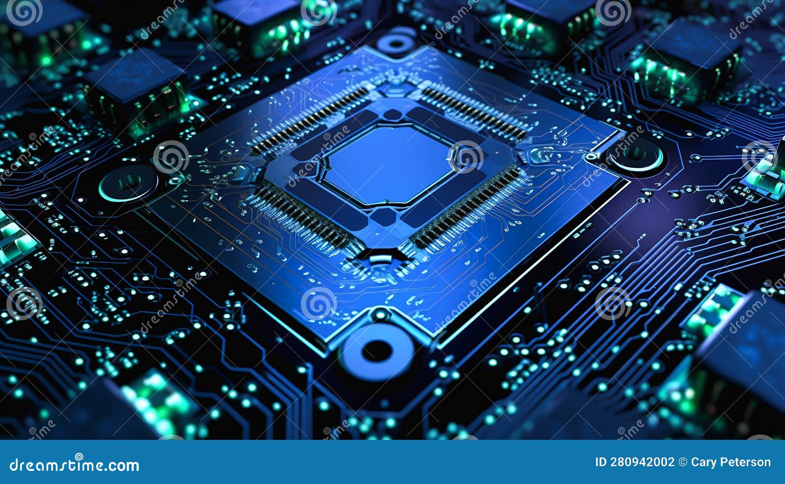 The Blue Closeup of the Computer Motherboard with Green Lights I Stock