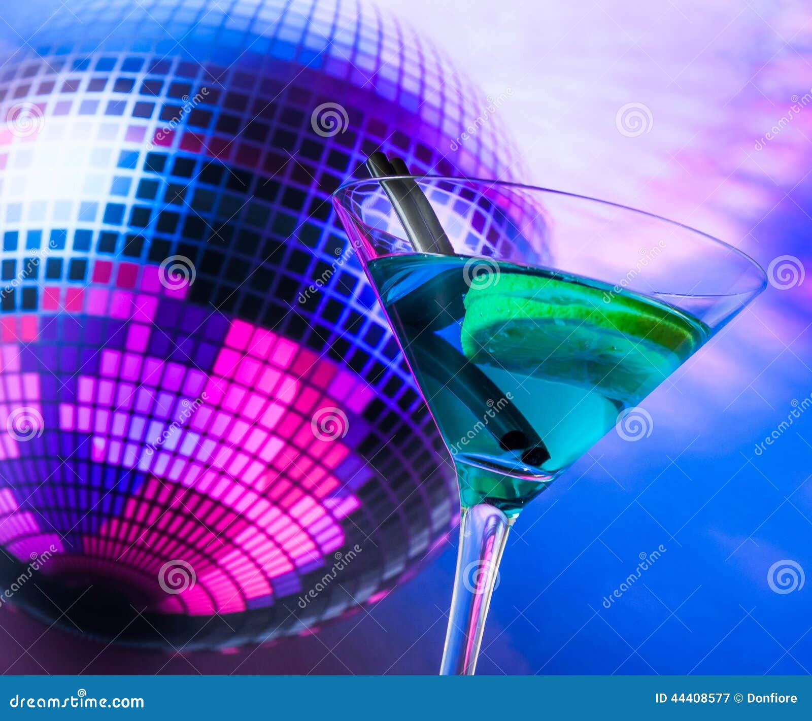 Blue Cocktail with Sparkling Disco Ball Background with Space for Text