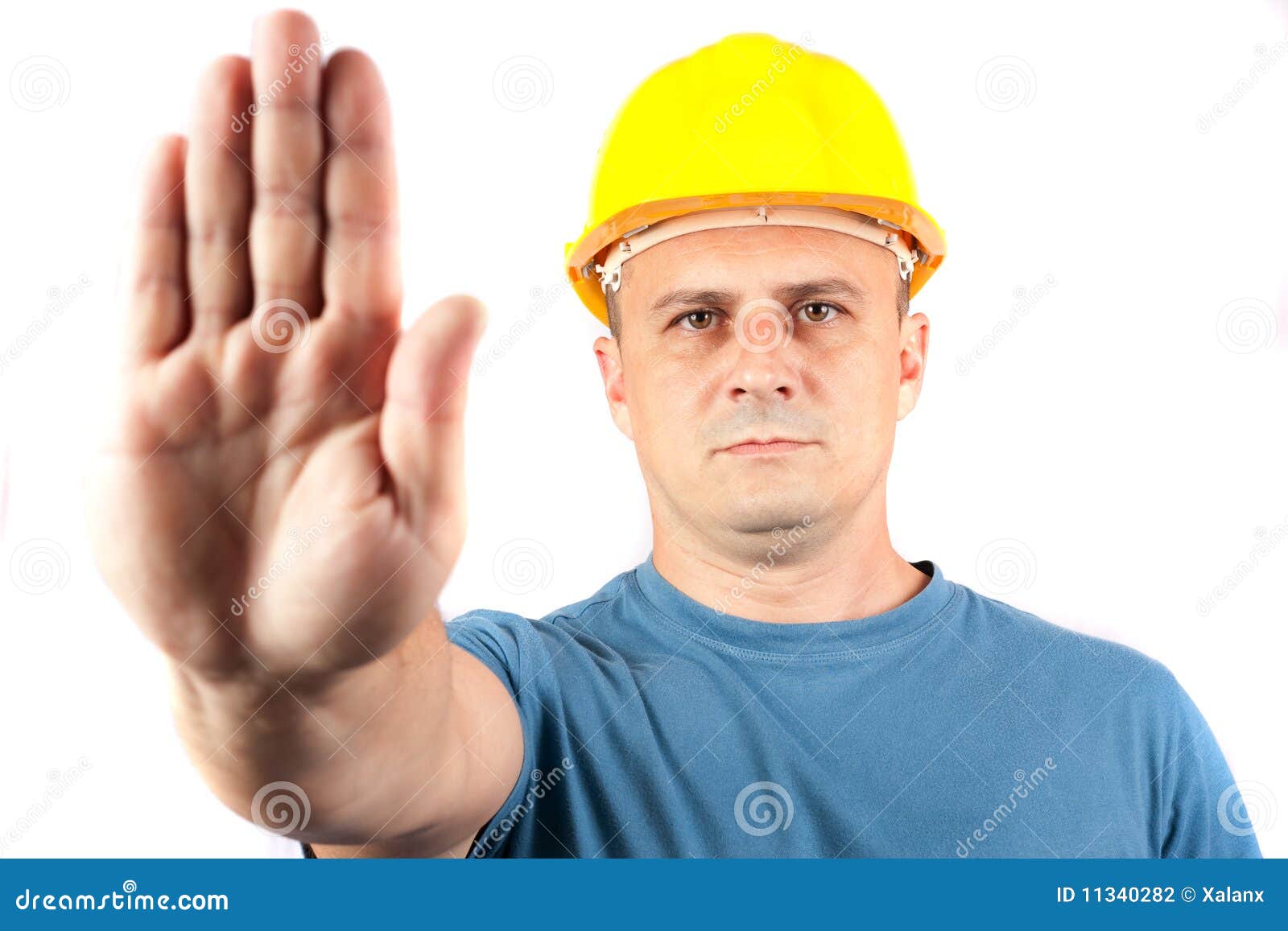 Blue Collar Worker Making a Stop Sign Stock Photo Image of palm