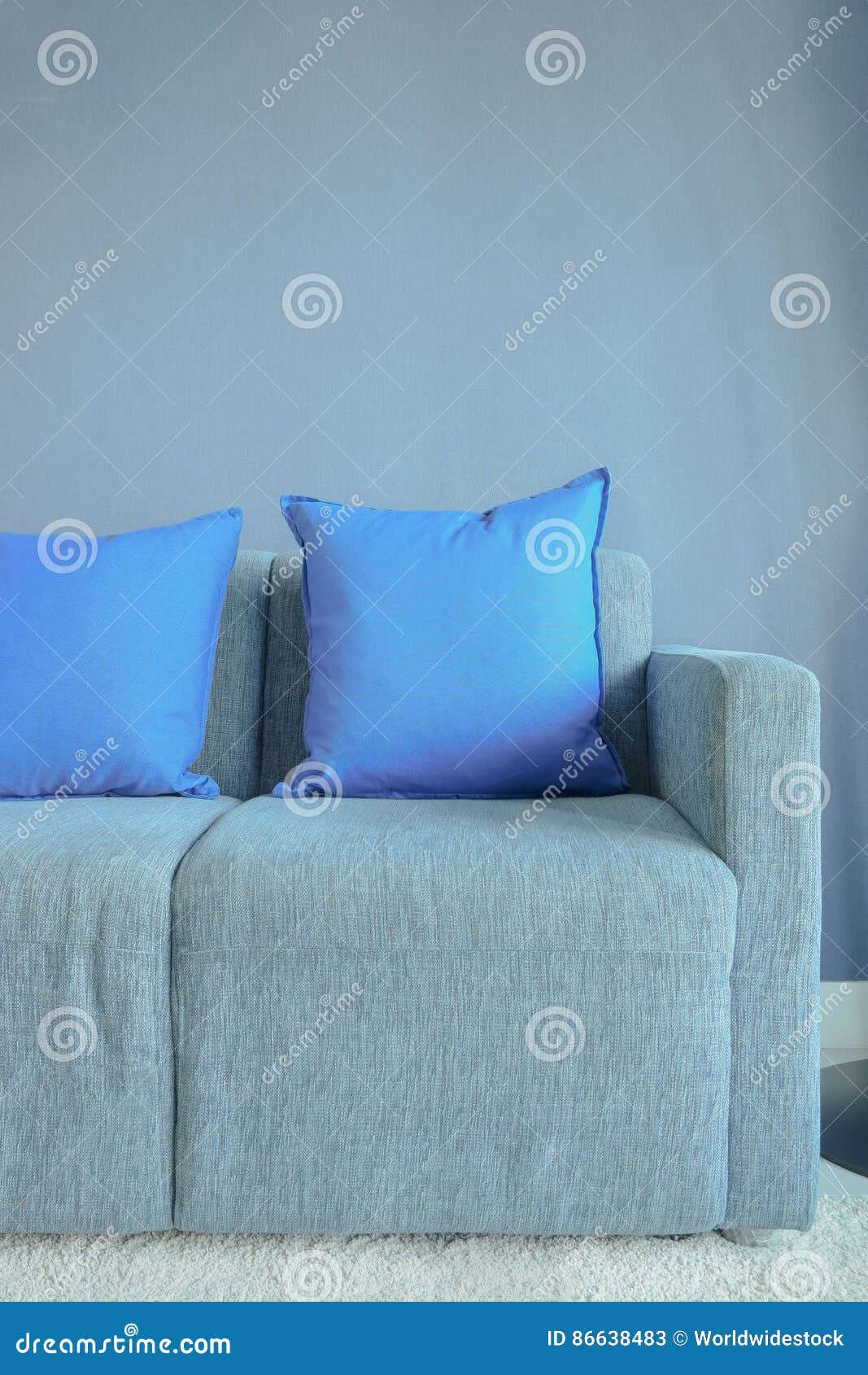 Blue Color Pillows Setting on Light Blue Sofa Stock Image Image of