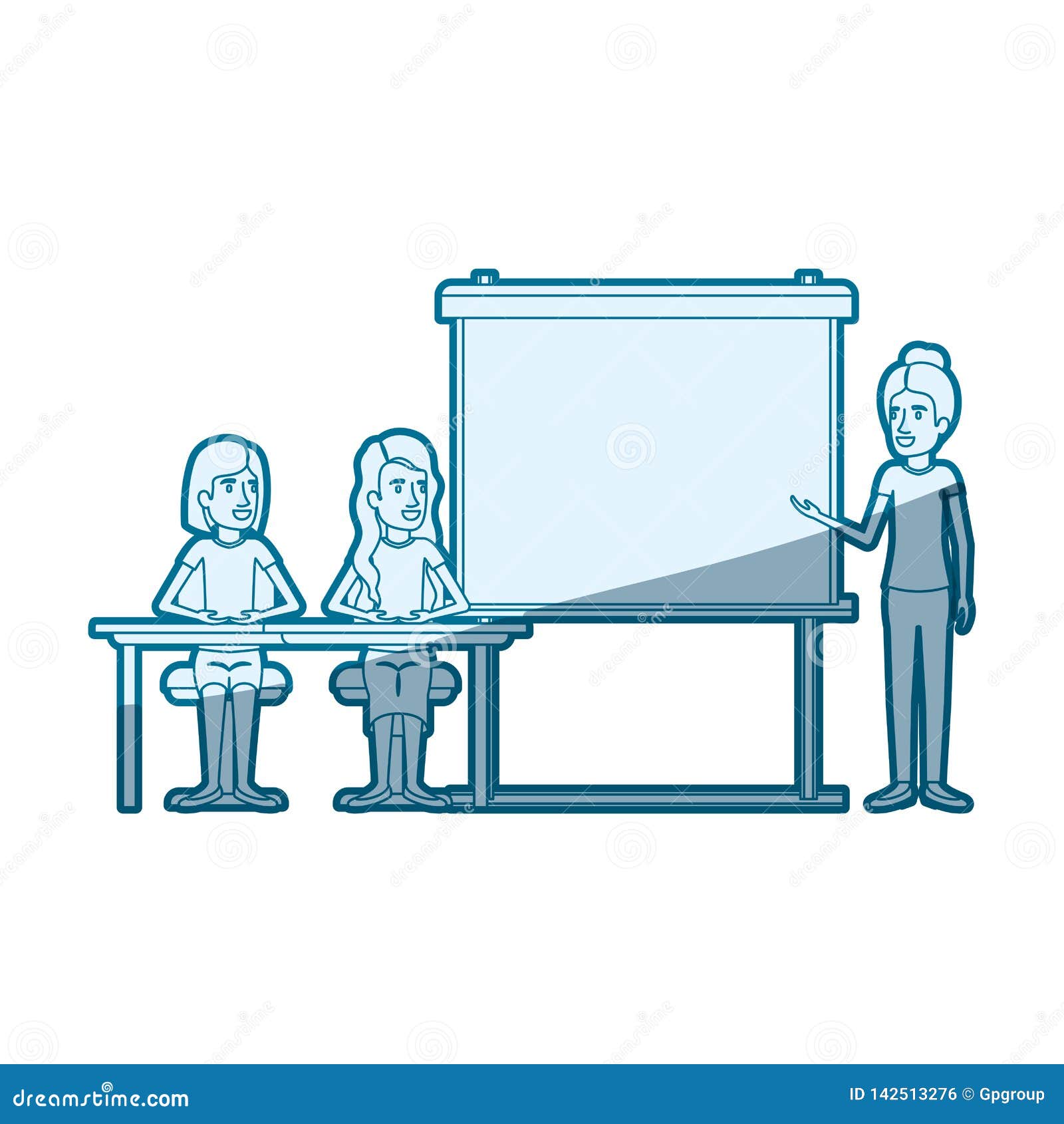 blue color silhouette shading with couple of women sitting in a desk for female executive in presentacion business