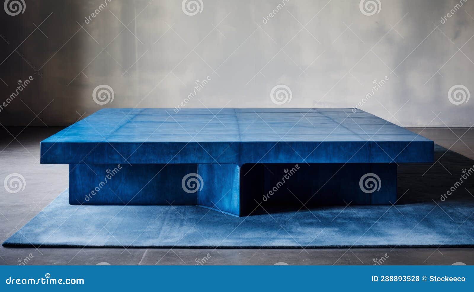 blue colored square table in the style of hedi slimane