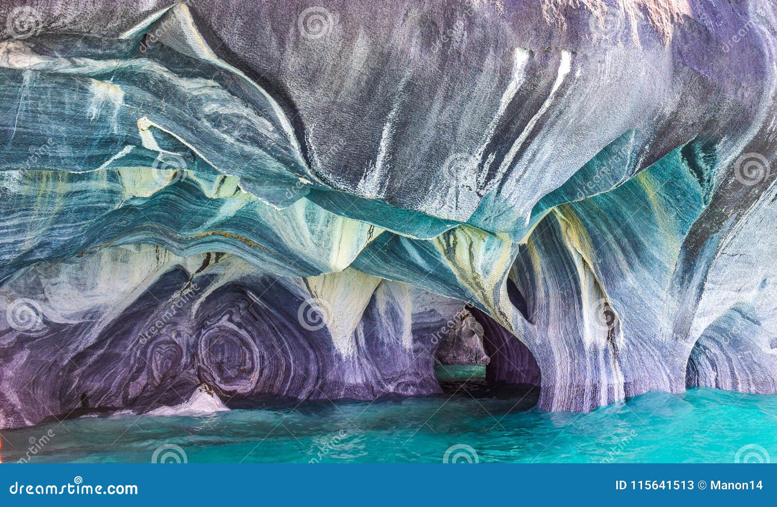 the blue colors of the marble caves in patagonia, chile.