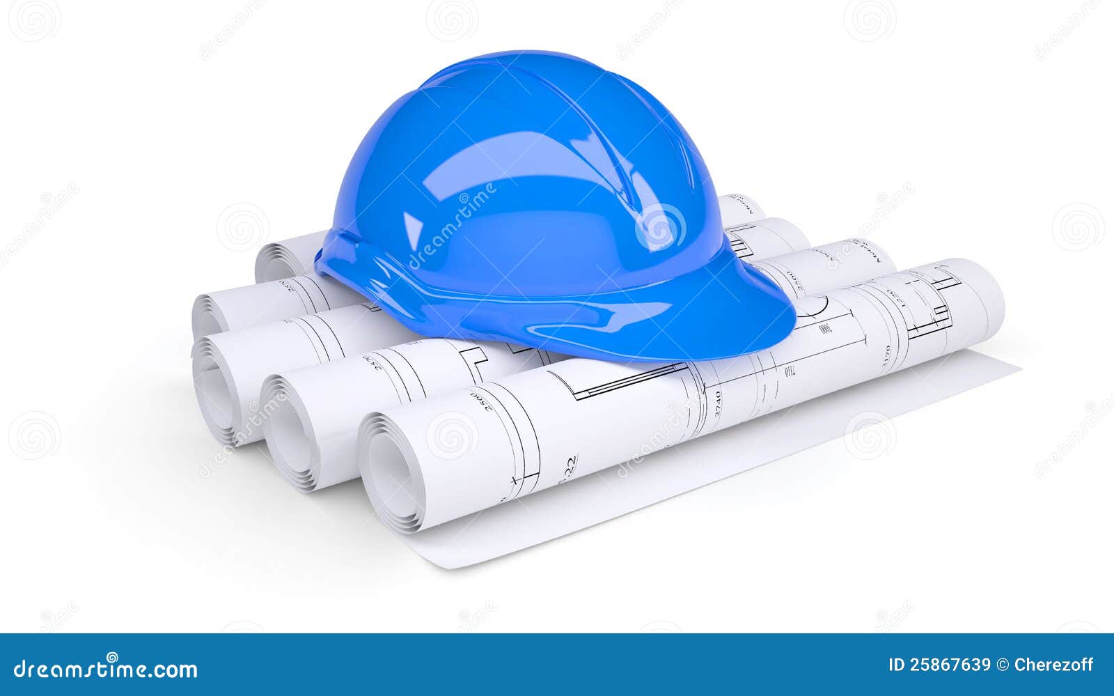 Blue Construction Helmet on the Rolls of Drawings Stock Illustration